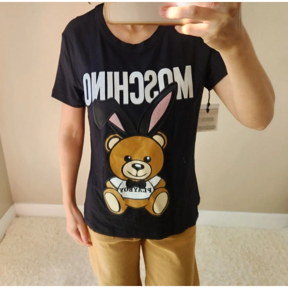 NWT Moschino Couture Jeremy Scott Teddy Bear Playboy Pom T-shirt Sz 42 US8 FC418